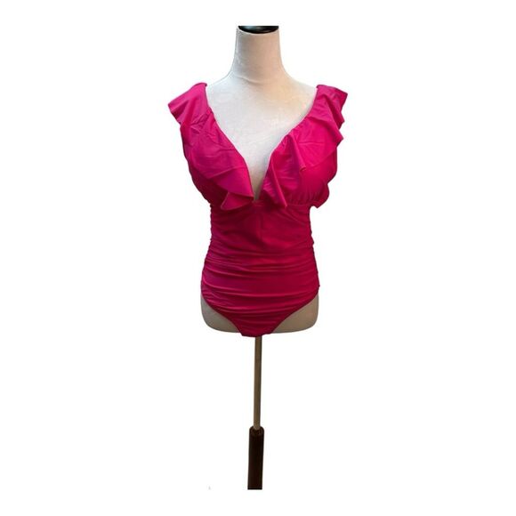 J. Crew Radiant Fuchsia Ruffle Roushing One Piece Swimsuit Size 20 - Picture 1 of 10